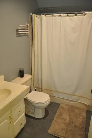 a bathroom with a sink a toilet and shower curtain