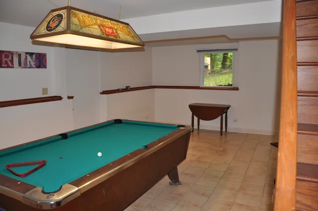a room with pool table and a potted plant