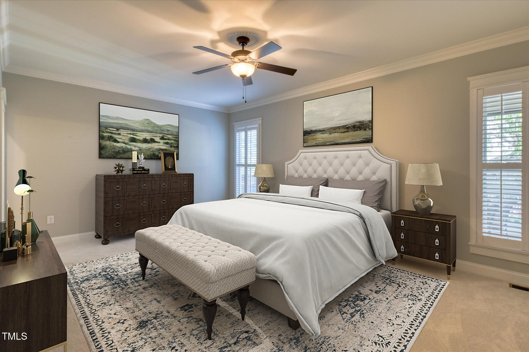 121 Bridgegate Drive Cary, NC 27519 - Photo 14 of 38 a spacious bedroom with a bed and a chandelier