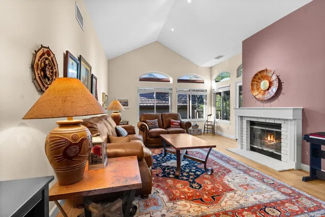 a living room with furniture or couch and a fireplace