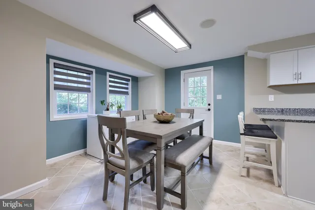 a view of a dining room with furniture and window