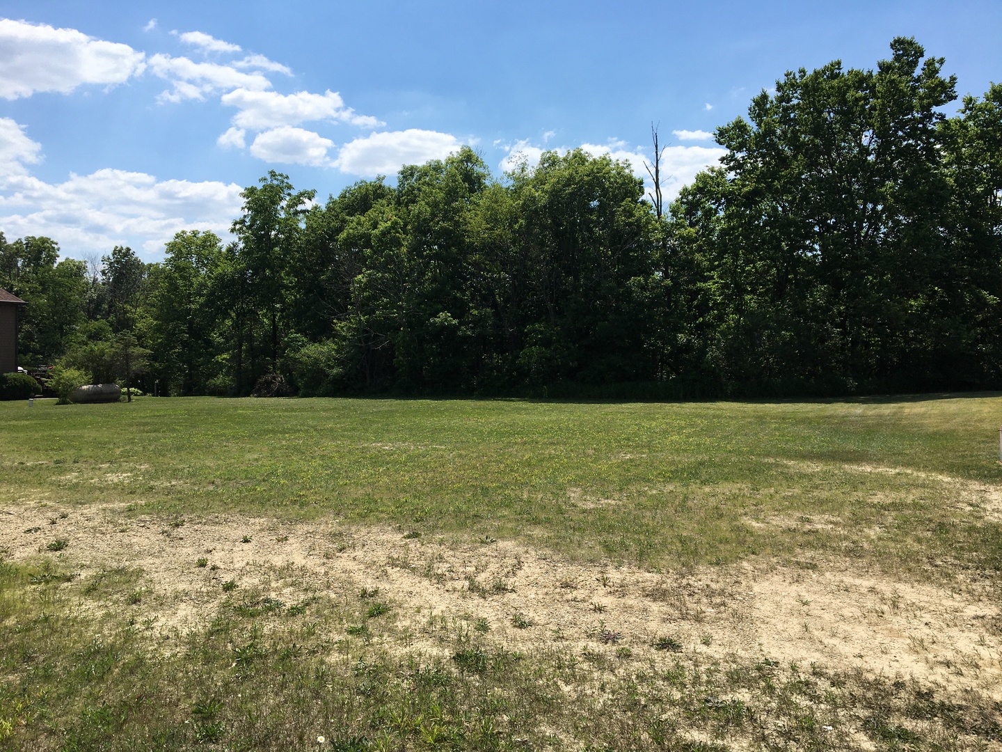 a view of a field with an trees in the background
