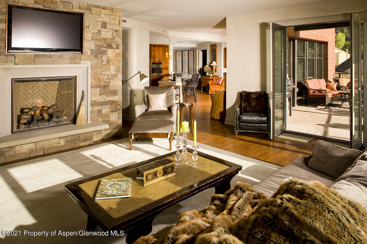 501 Rio Grande Place, Unit 206 Aspen, CO 81611 - Photo 5 of 10 a living room with furniture a flat screen tv and a fireplace