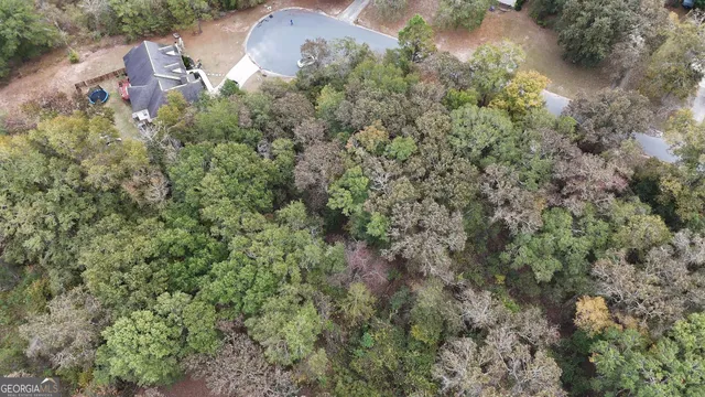 an aerial view of a house with a yard and covered with trees