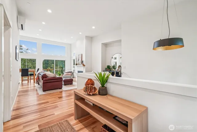 a living room with furniture and a table