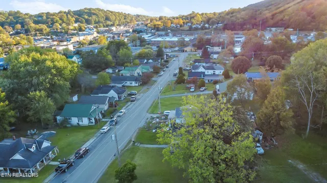 an aerial view of city lake and trees all around