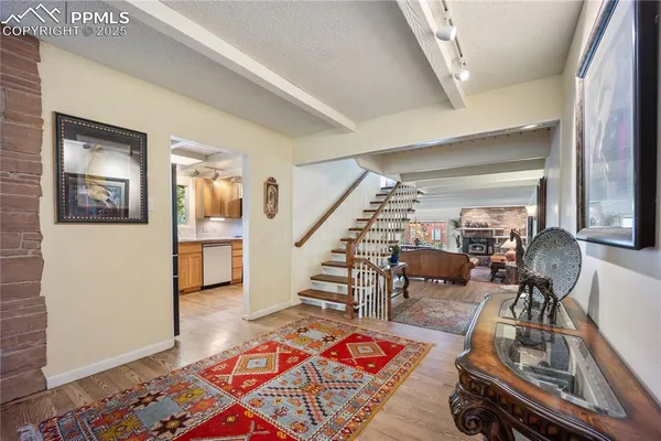a living room with furniture and a table