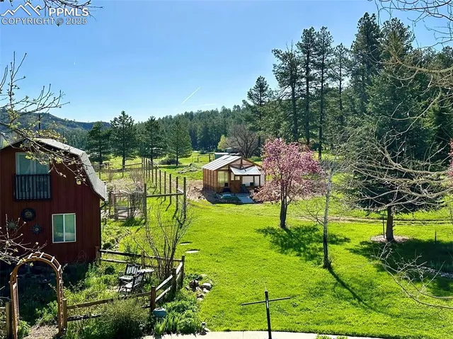 a view of a lush green hillside and a houses