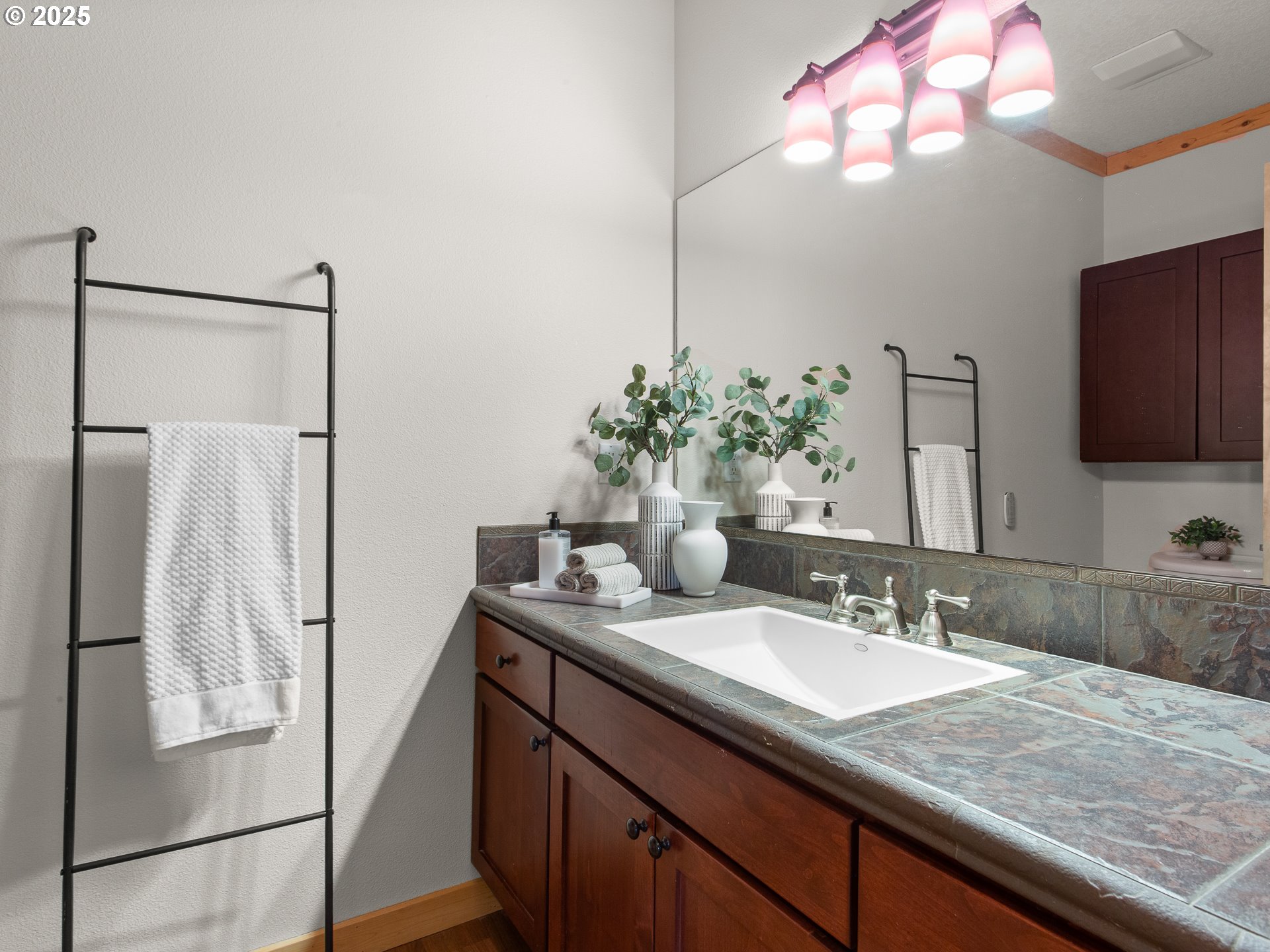 25520 Northeast 58th Street Vancouver, WA 98682 - Photo 19 of 48 a bathroom with a granite countertop sink a large mirror and a shower