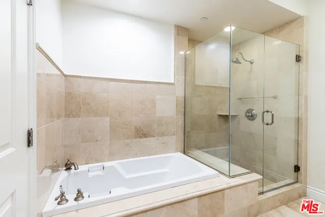 a bathroom with a bathtub and a shower