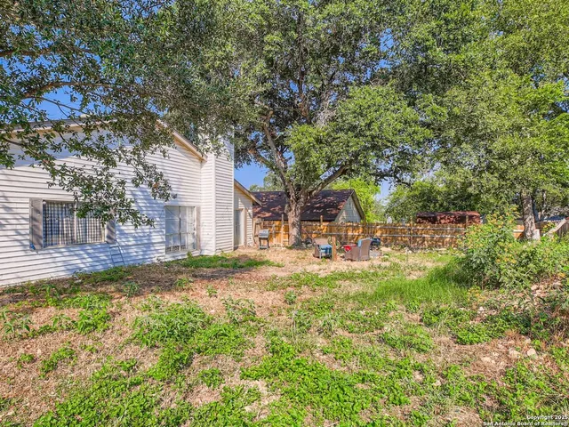 a view of a backyard with a tree