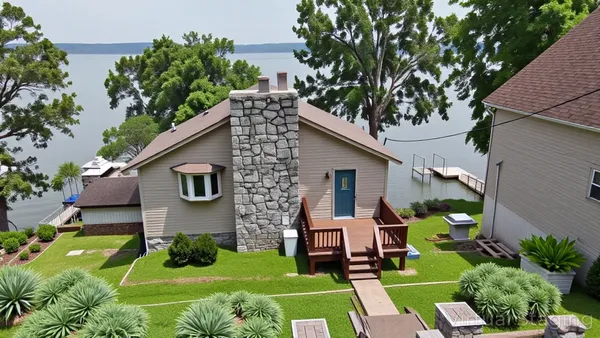 a living room with patio furniture and a large window