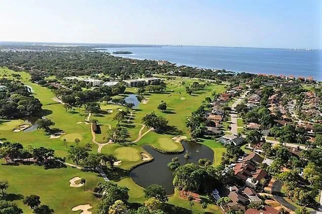 an aerial view of a houses with a lake
