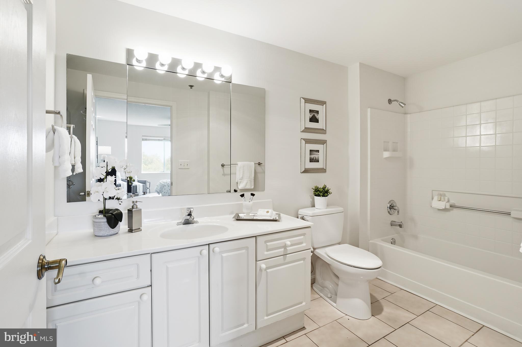 3210 North Leisure World Boulevard, Unit 1001 Silver Spring, MD 20906 - Photo 17 of 58 a bathroom with a double vanity sink toilet mirror and shower
