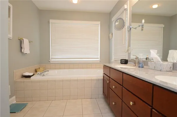 a bathroom with a tub a double vanity sink and mirror