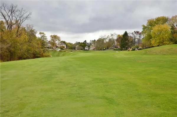 a view of a field with an trees