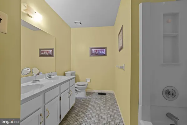 a bathroom with a sink mirror vanity and toilet