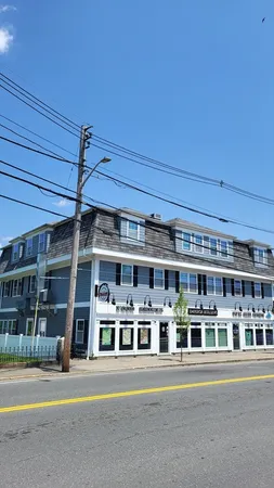 front view of a building with a street
