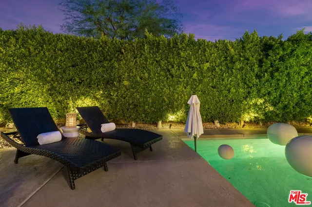 a view of a backyard with plants and a patio