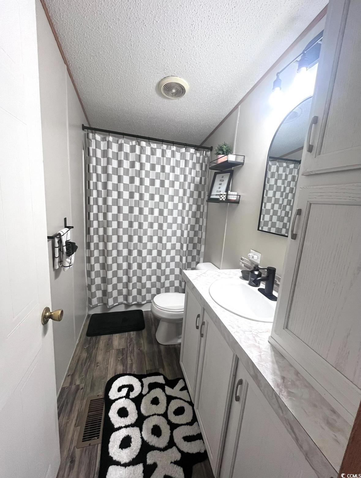 7096 Johnson Shortcut Road Conway, SC 29527 - Photo 13 of 16 Bathroom featuring dark wood-style flooring, curtained shower, vanity, a textured ceiling, and crown molding