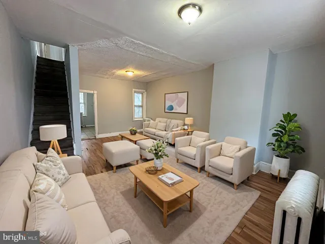 a living room with furniture potted plant and a window