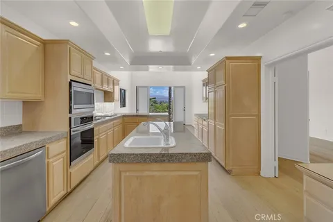 a large kitchen with stainless steel appliances granite countertop a refrigerator a oven a sink and a granite countertops