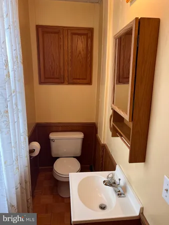 a bathroom with a sink a toilet and a mirror