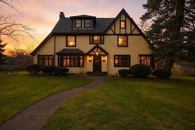 a front view of a house with a garden and trees