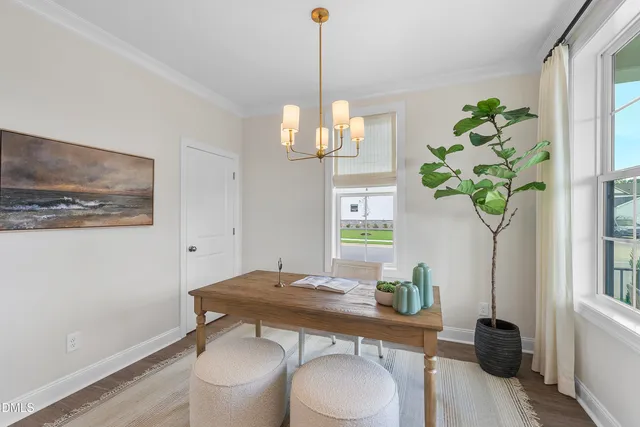 a view of a dining room with furniture a potted plant and a chandelier
