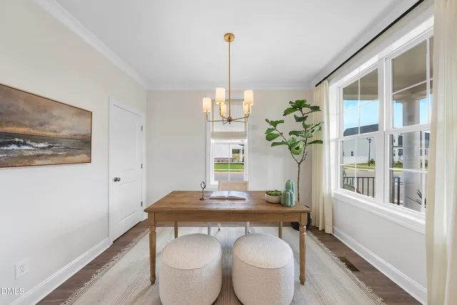 a dining room with furniture a potted plant and wooden floor