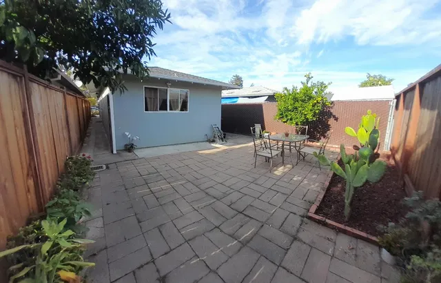 a view of a backyard with chair and potted plants