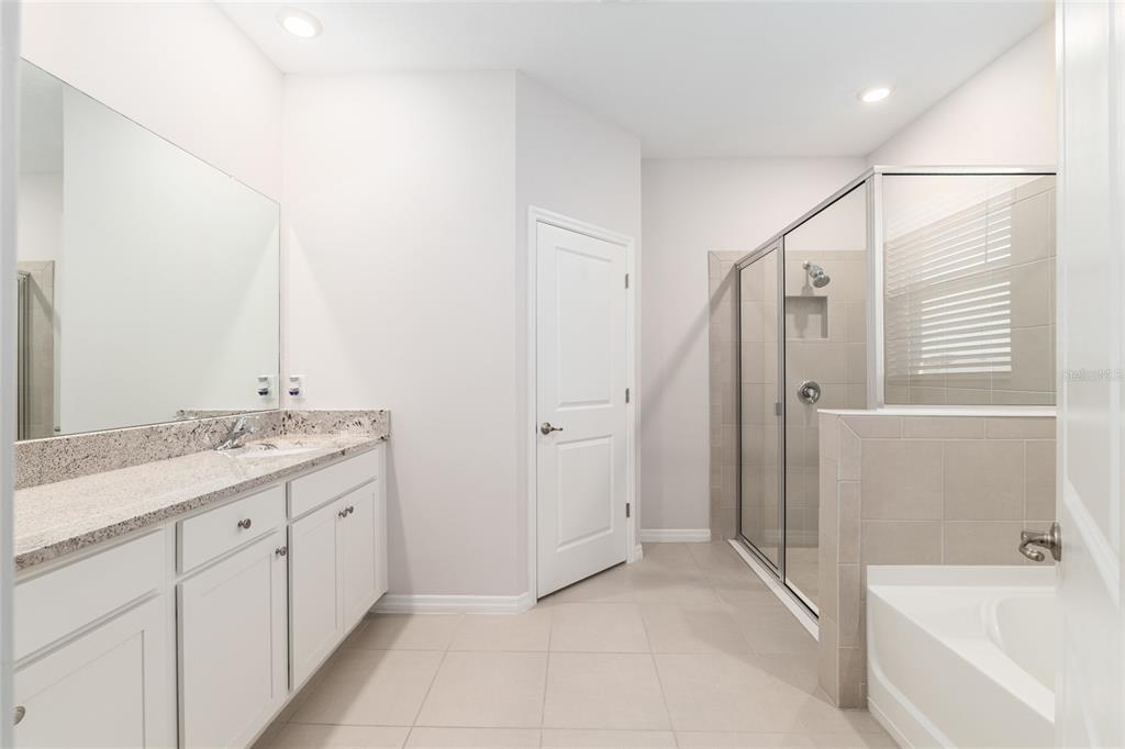 6243 Southwest 89th St Road Ocala, FL 34476 - Photo 23 of 57 a bathroom with a granite countertop sink a mirror a bathtub and a shower