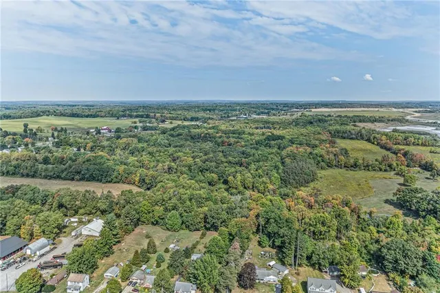 an aerial view of residential houses with outdoor space and trees