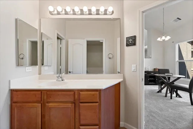 a bathroom with a sink vanity and a mirror