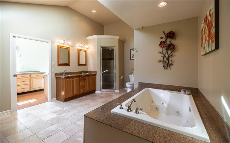 231 Brown Road Wexford, PA 15090 - Photo 17 of 25 Large Master Bath ensuite. Marble flooring. Relax in the jetted tub after a long day or the shower has a steam shower setting. Granite countertops.