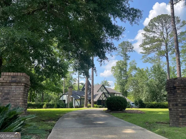 a view of a park with large trees
