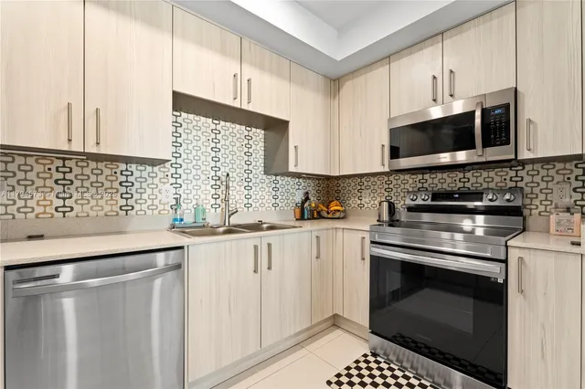 a kitchen with stainless steel appliances a stove microwave and cabinets
