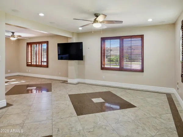 a view of a park with large trees