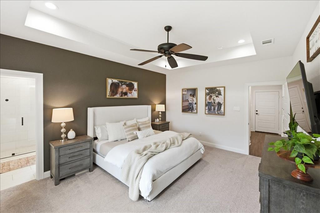 720 Whirlaway Road Hewitt, TX 76643 - Photo 31 of 35 Bedroom featuring carpet, a tray ceiling, ceiling fan, and recessed lighting