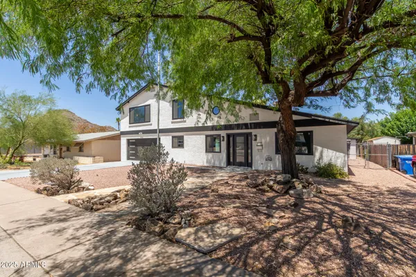 a tree in front of a white house