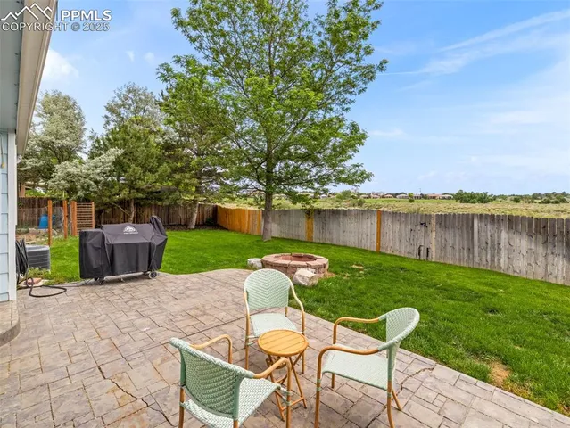 a view of a chairs and table on the garden