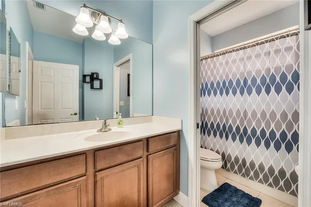 a bathroom with a sink a toilet and a large mirror