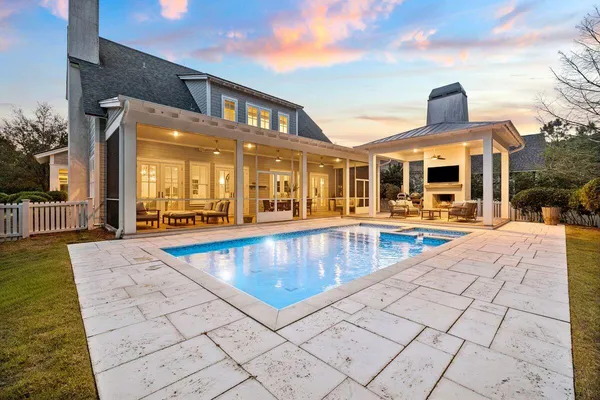 a view of a building with a swimming pool