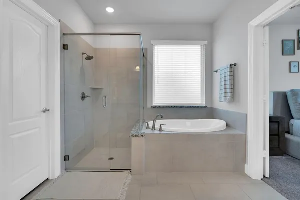 a bathroom with a bathtub and a shower