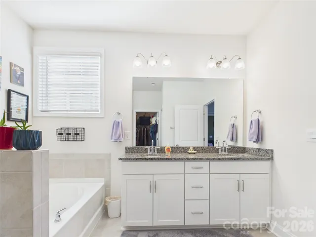 a bathroom with a bathtub sink and mirror