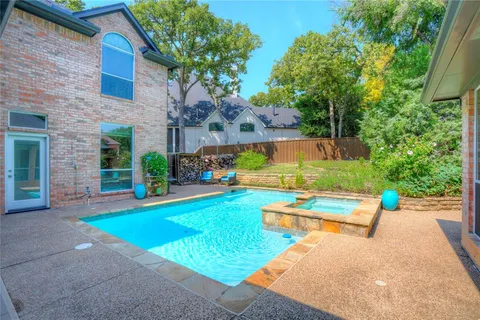 a view of a backyard with swimming pool