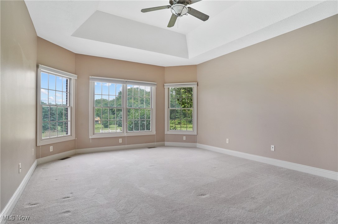 5952 Beach Road Wadsworth, OH 44281 - Photo 15 of 40 Primary bedroom on main floor with a raised ceiling, carpet, and a ceiling fan with view of pool