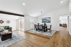 a view of a dining room with furniture