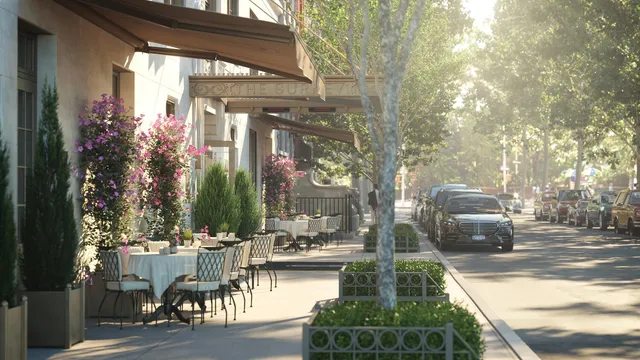 a view of a patio with chairs and potted plants
