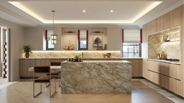 a large living room with stainless steel appliances kitchen island granite countertop furniture and a large window